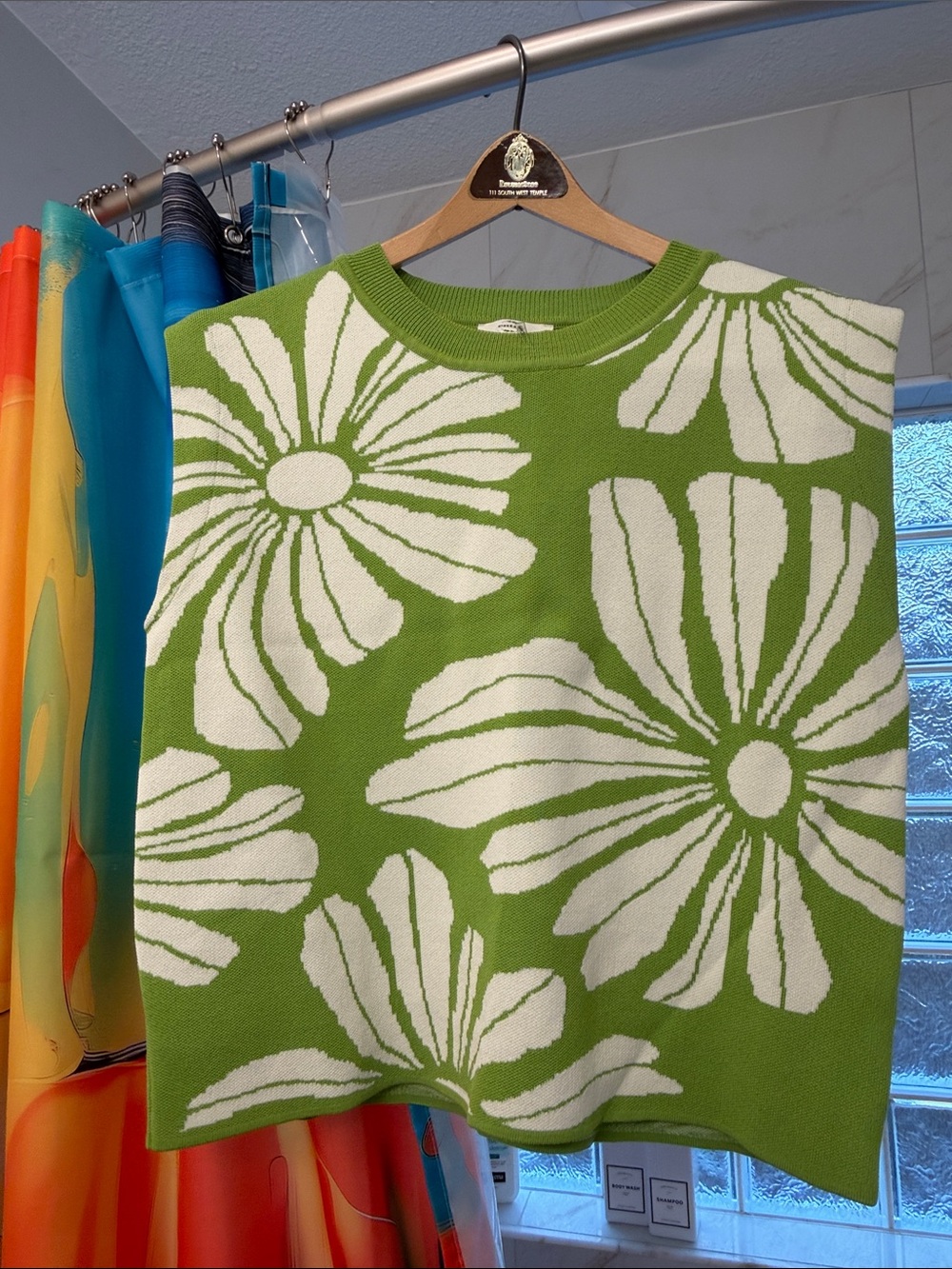 ENTRO Floral Knit Tank Top - Green & White S